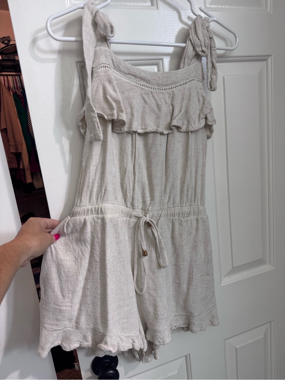 Beige Linen-Blend Tie Strap Romper